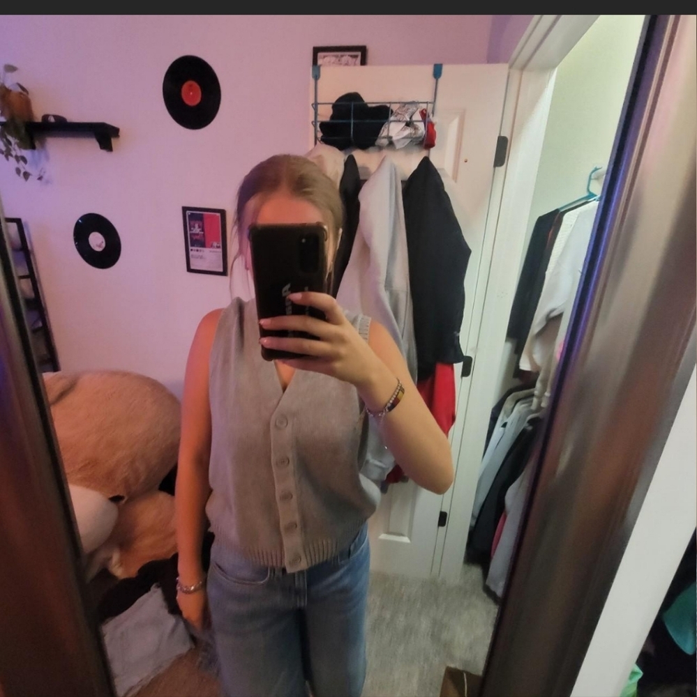 grey cardigan